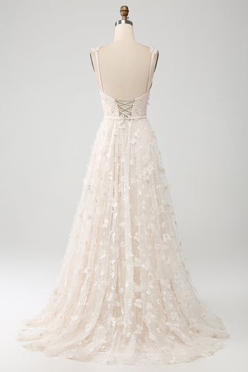 Apricot A Line Spaghetti Straps Appliques Long Wdding Dress with Slit